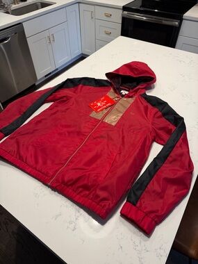 Men's Red Hooded Windbreaker Jacket by true religion